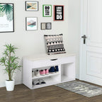 White shoe cabinet bench with padded seat and open cubby shelves for shoes