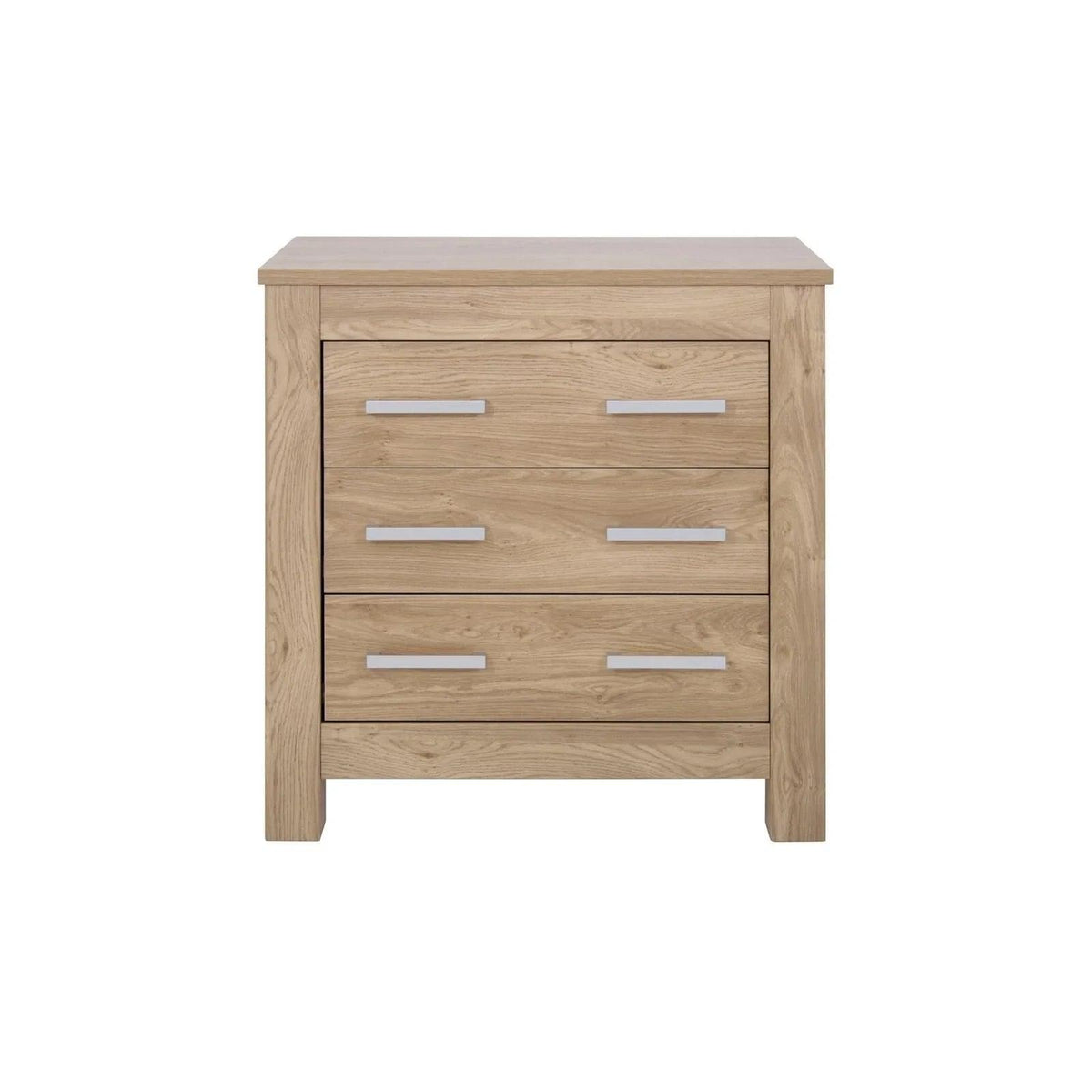 Oak baby dresser with changing top, four drawers and silver bar handles