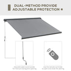 Grey cassette retractable awning with adjustable crank handle and remote control