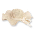 Ecru straw sun hat with wide brim, ribbed crown, and ribbon trim bow detail