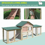 Long wooden guinea pig hutch with green roofs, wire mesh rooms, and built-in ramp route