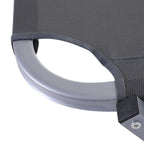 Close-up of light grey mesh sun lounger with light grey arm support and clasp