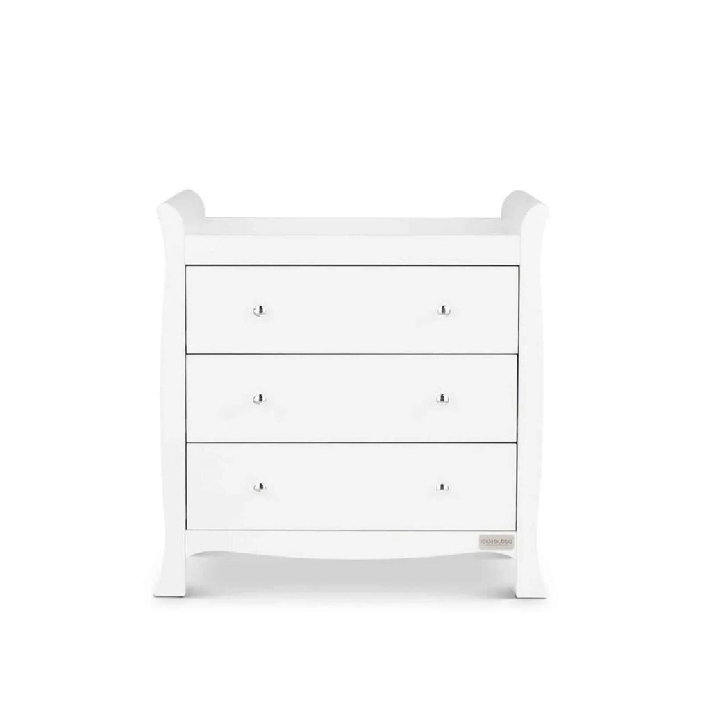 White 3-drawer dresser with wide frame and corner posts, metal knobs