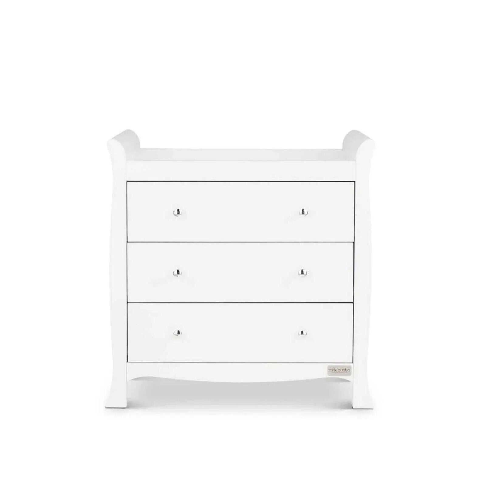 White 3-drawer dresser with wide frame and corner posts, metal knobs