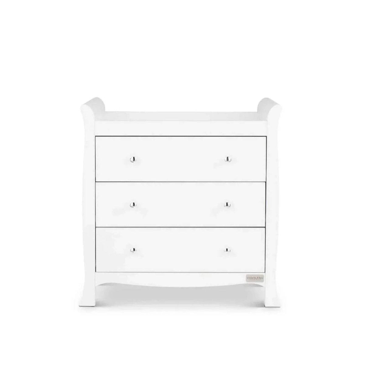 White three-drawer cabinet with slanted sides and drawer knobs