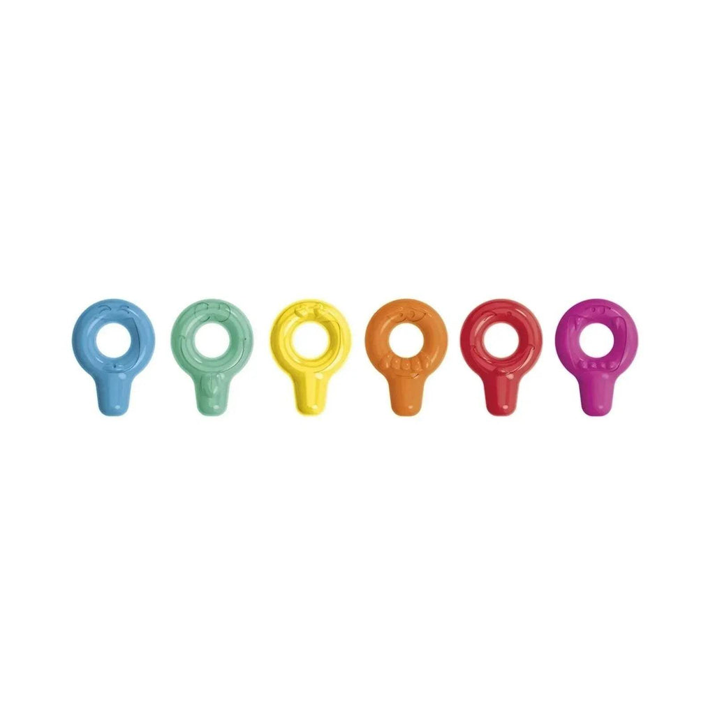 Six chunky crayons in blue, green, yellow, orange, red, and purple