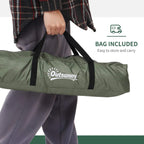 2-person tent storage bag included, showing dark green canvas carry handle