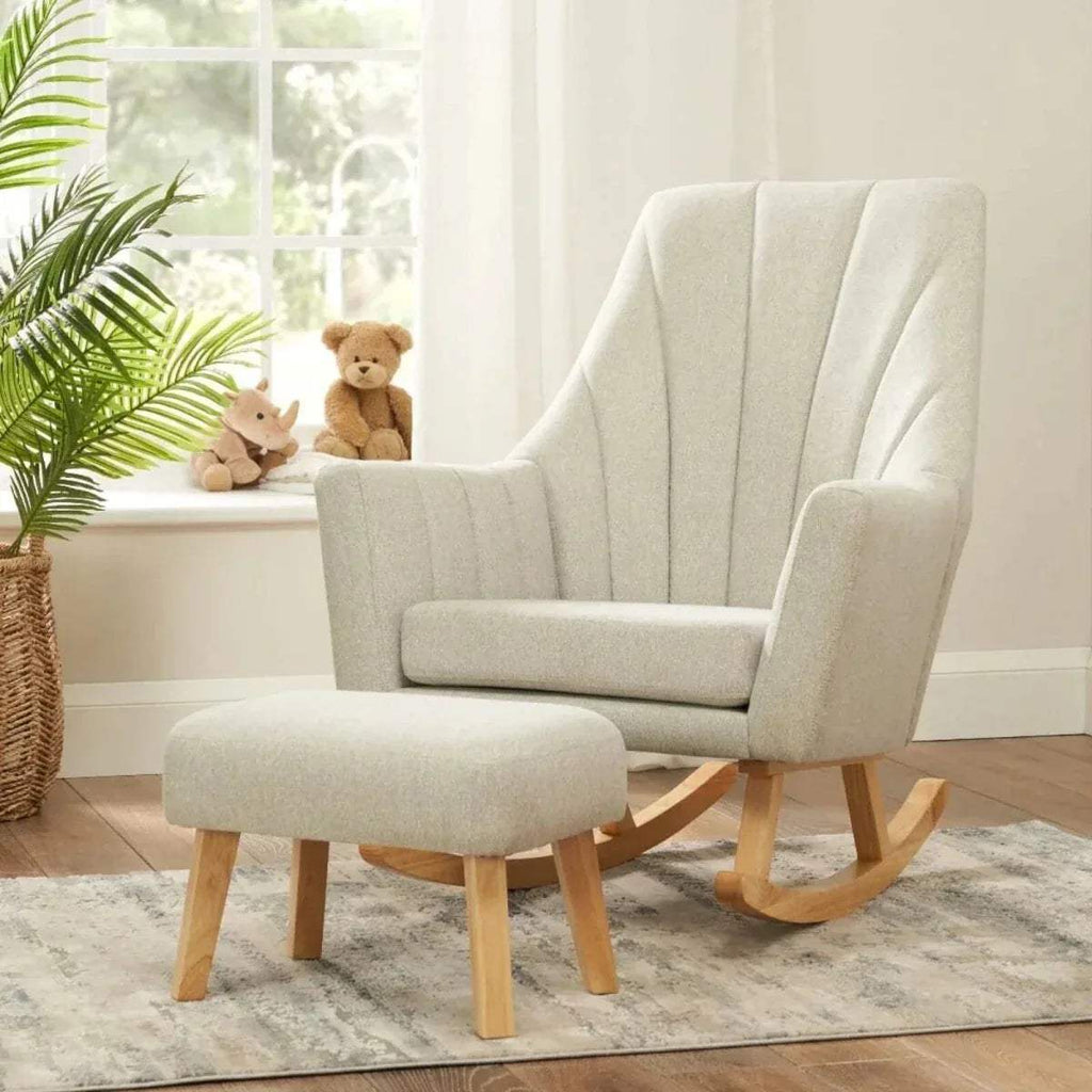 Beige fabric rocking chair with matching foot stool and wooden rocking base