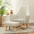 Beige fabric rocking chair with matching foot stool and wooden rocking base