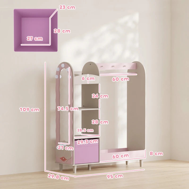 Pink kids clothing rack wardrobe with mirror, shelves, hanging rod, and drawer; size view.