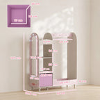 Pink kids clothing rack wardrobe with mirror, shelves, hanging rod, and drawer; size view.