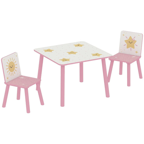 Pink toddler table with two matching chairs, light wood-look legs and animal print tops