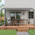 Dark grey metal pergola with arched shade roof and four corner posts