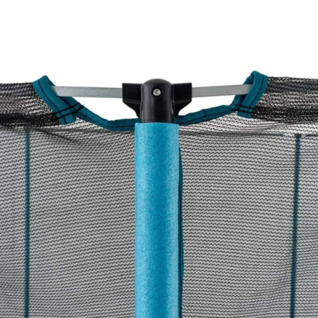 Trampoline top ring and black mounting cover with blue poles and net straps