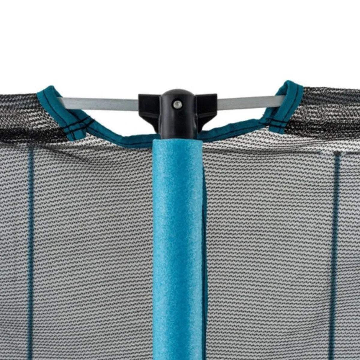 Trampoline top ring and black mounting cover with blue poles and net straps
