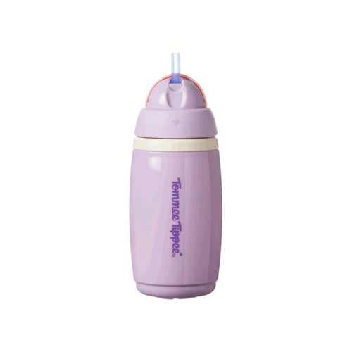 Purple insulated straw sippy cup with flip spout and drinking straw