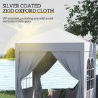 White pop-up gazebo with silver-coated roof and arched window openings