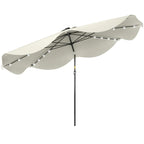 Cream patio market umbrella canopy with LED lights and tilting design