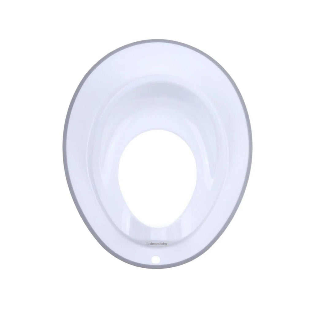 Dreambaby white toilet topper back side with grey rim and oval cutout