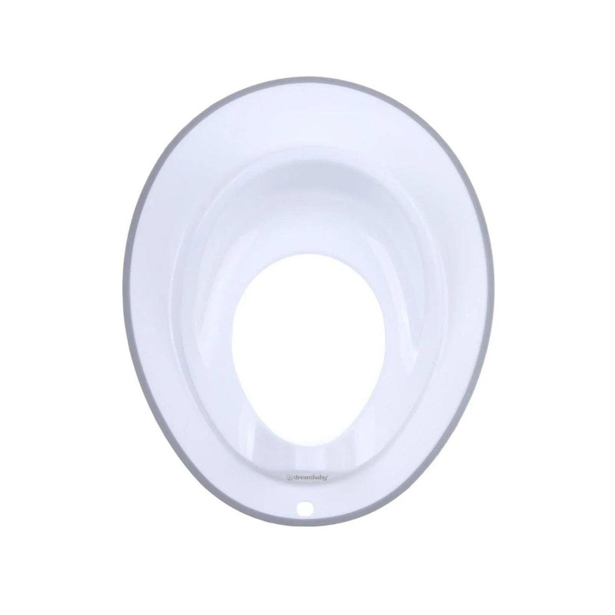 Dreambaby white toilet topper back side with grey rim and oval cutout
