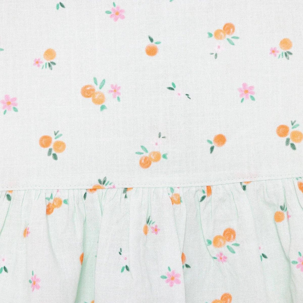 Light blue floral-print newborn dress with gathered waist and soft pleated skirt