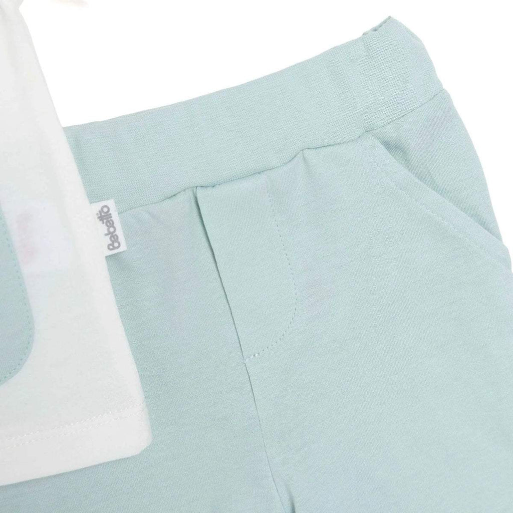 Boys light mint shorts close-up with elastic waistband and side seams