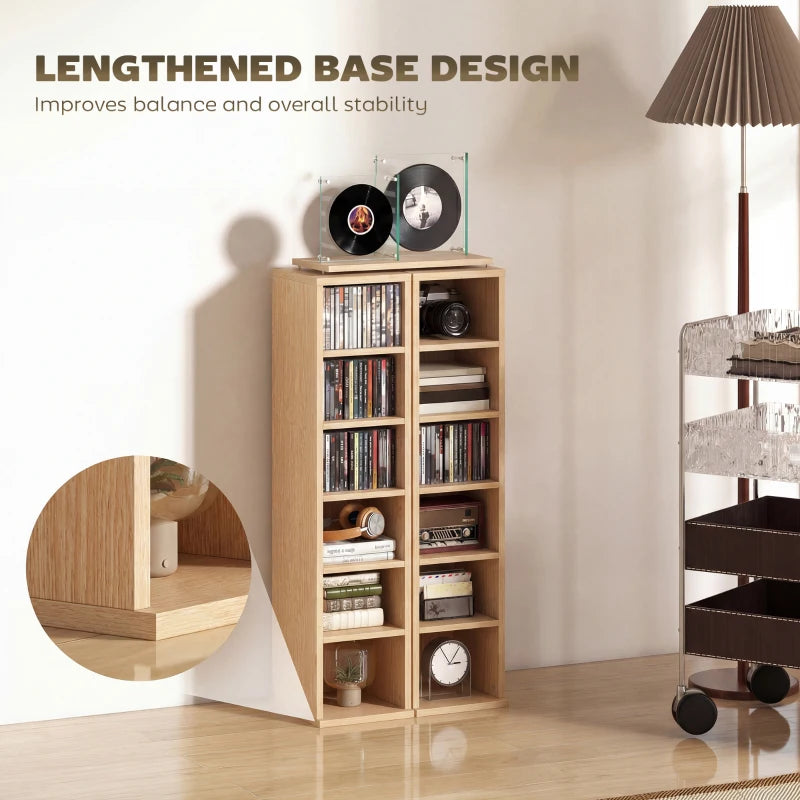 Natural wood media shelf tower with lengthened base and open front cubby shelves