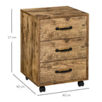 Mobile file cabinet, rustic brown, three drawers with black handles, on caster wheels