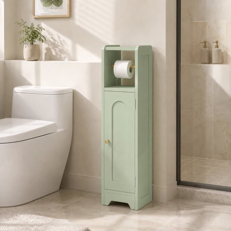 Light green slim bathroom storage cabinet with toilet roll holder beside a toilet