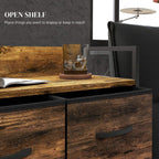 4-drawer chest with wood-look brown fronts and black frame, drawer handles visible