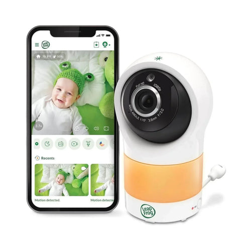 LeapFrog WiFi video baby monitor with phone app screen and white-and-orange camera