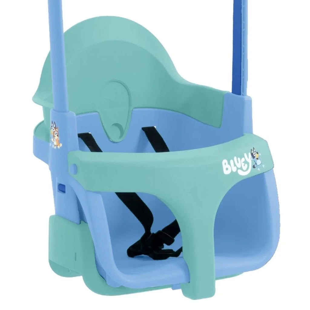 Blue and mint swing seat with character decals and black safety harness