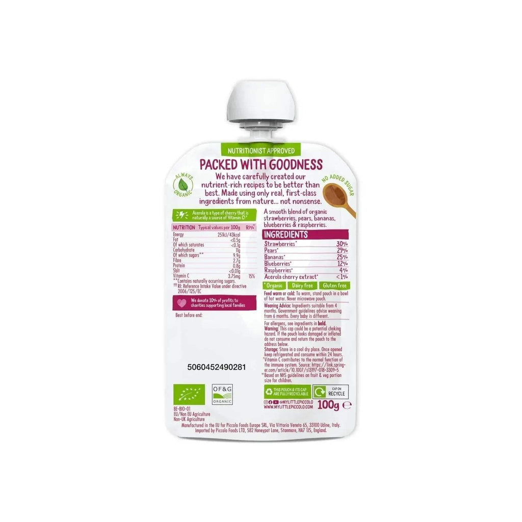 Organic fruit puree pouch back label with ingredients and nutrition facts, 100 g