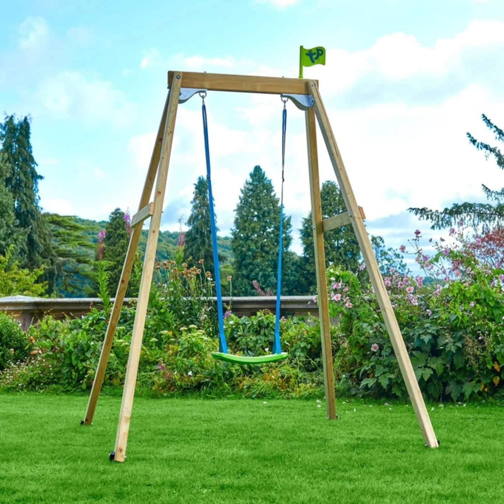 Wooden single swing stand with hanging green seat and blue fabric ropes.