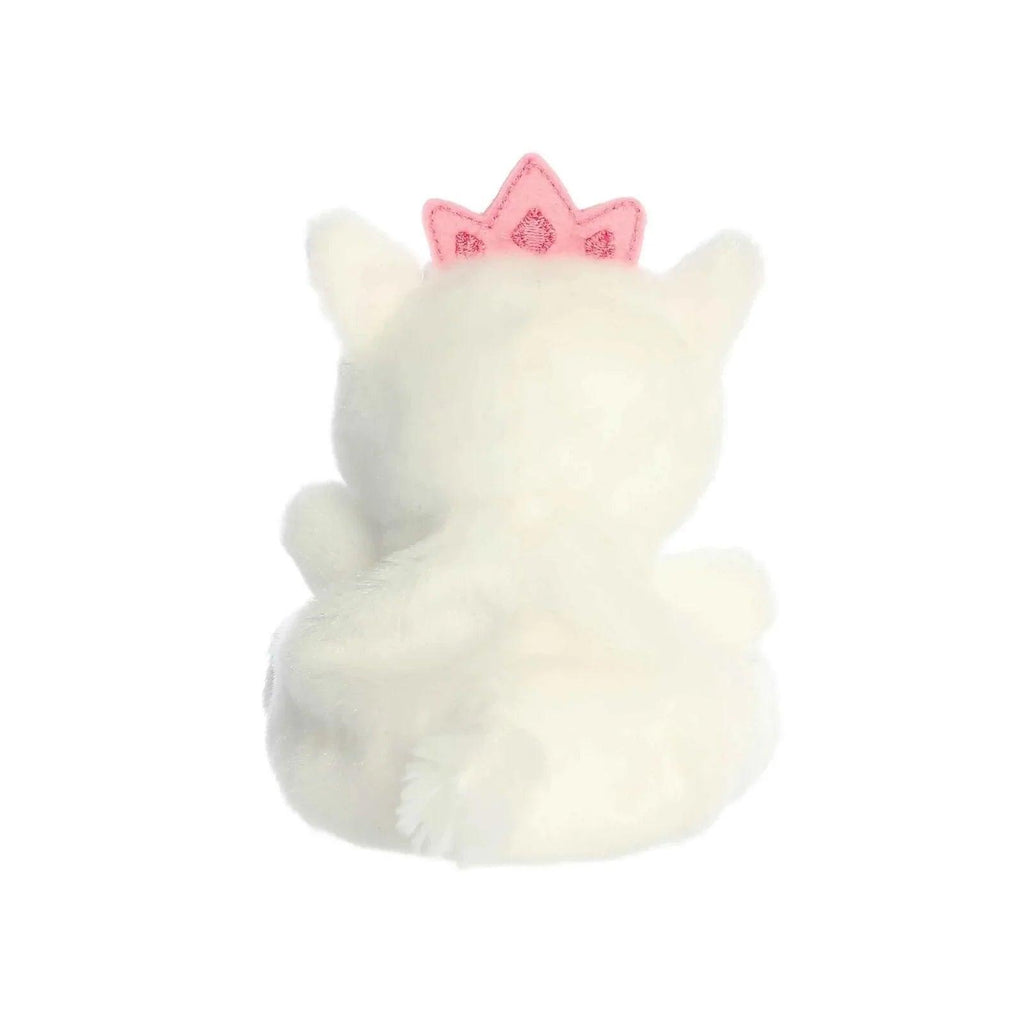 White plush kitty soft toy with pink crown bow headpiece, seated pose