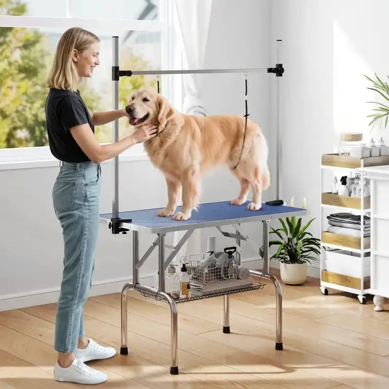 Adjustable pet grooming table with blue rubber top, holding a dog, and side frame