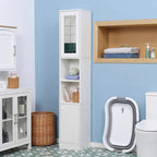 White tall bathroom cabinet with mirror-front shelves and two-door base