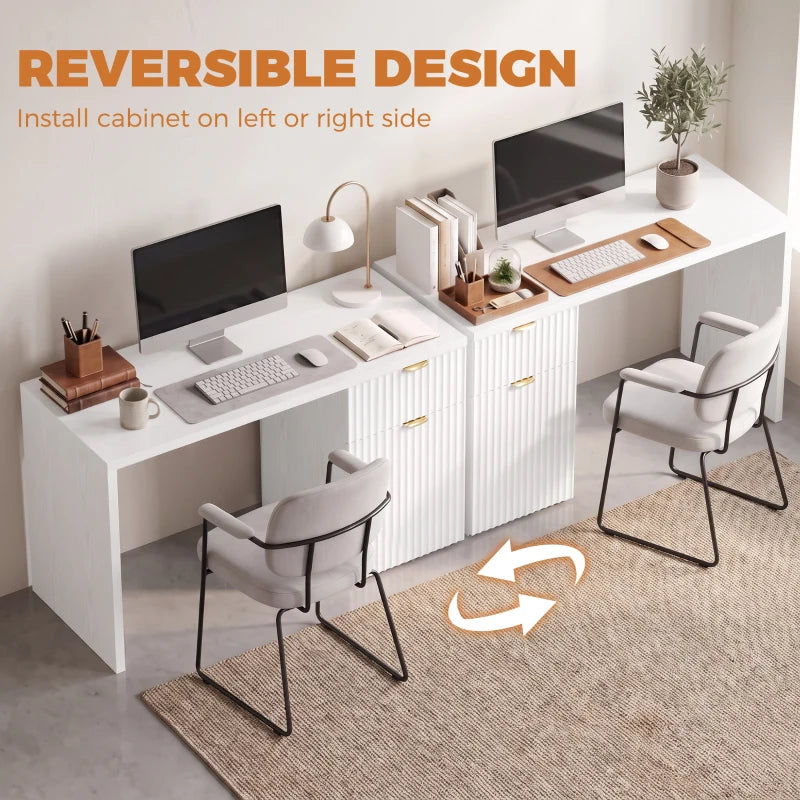 White computer desk with cabinet drawers and gold handles for home office setup