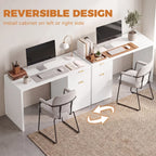 White computer desk with cabinet drawers and gold handles for home office setup