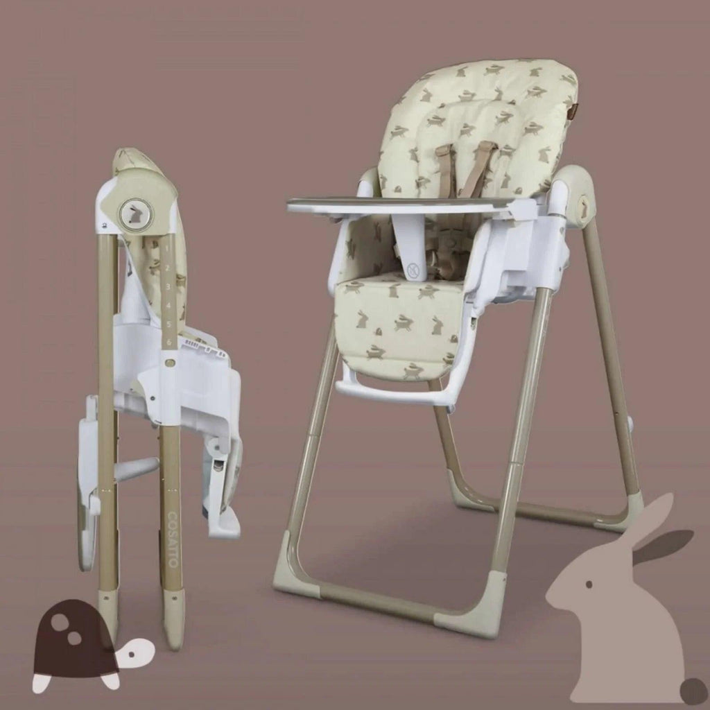 Baby highchair side view with cream animal print pad, white tray, and padded straps.