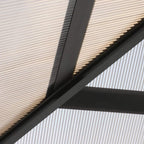 Hardtop gazebo roof underside with parallel slats and dark metal support beams