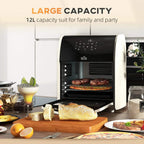 Cream 12L air fryer oven open with roasted food on inner racks