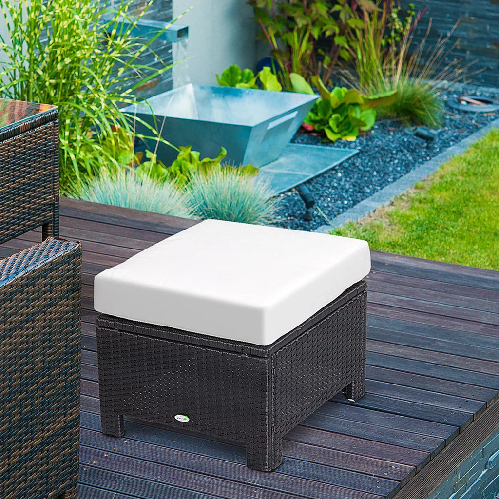 Rattan Footstool Wicker Ottoman with Padded Seat Cushion Outdoor Patio Furniture for Garden Poolside Living Room, 50 x 50 x 35 cm, Black - Bobobiy