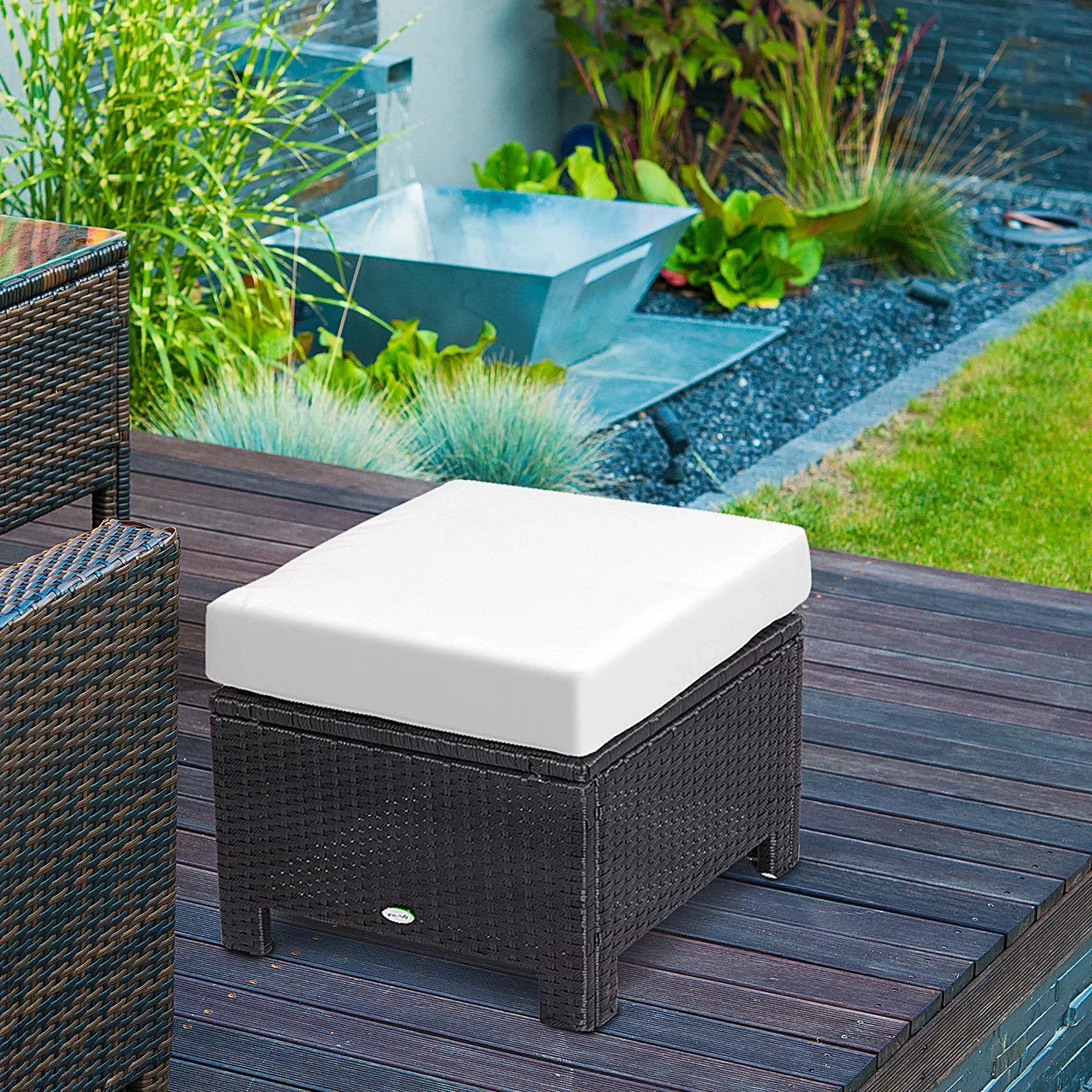 Rattan Footstool Wicker Ottoman with Padded Seat Cushion Outdoor Patio Furniture for Garden Poolside Living Room, 50 x 50 x 35 cm, Black - Bobobiy