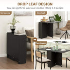 Black drop-leaf dining table with two-tier shelf, expanded and folded leaf options