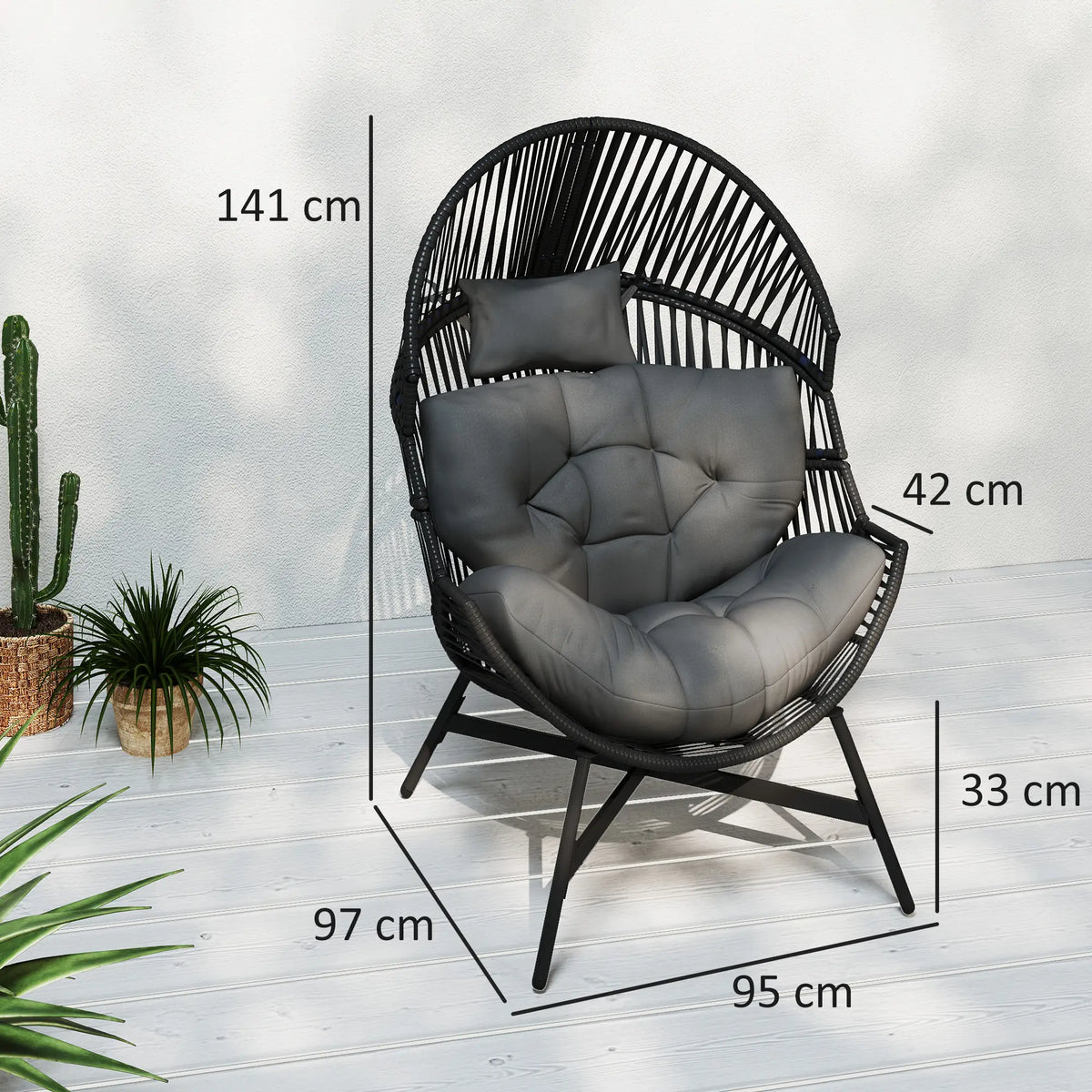 Outsunny Rattan Egg Chair, Oversized Freestanding Garden Egg Chair with Thick Tufted Cushion, Headrest, Steel Frame for