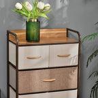 Storage dresser tower with wood top and two fabric drawer fronts, pull handles on steel frame