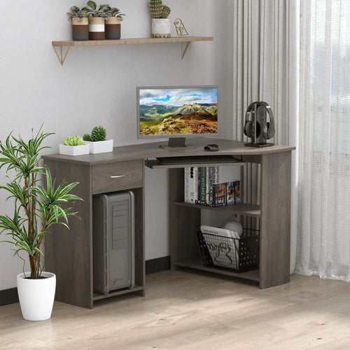 Grey corner computer desk with side shelves and open storage for office items