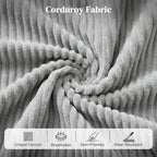Light grey corduroy fabric close-up with textured ribbed upholstery