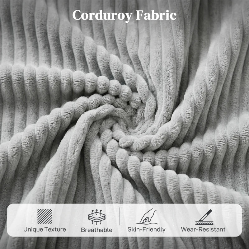 Light grey corduroy fabric close-up with textured ribbed upholstery
